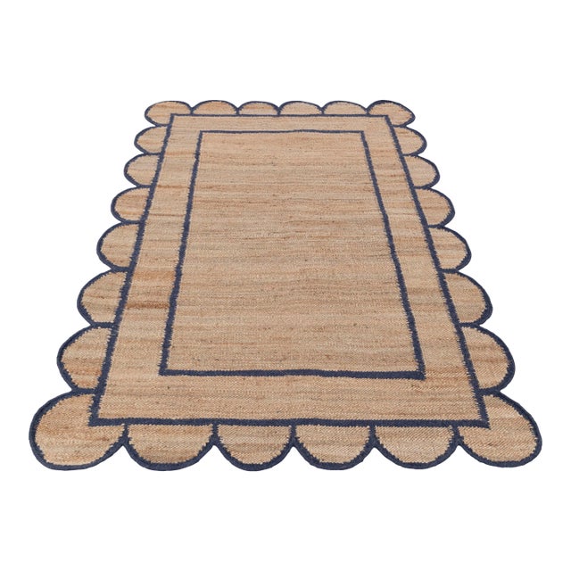 Navy Jute Wool Premium Handwoven Scalloped Rug 3x12 Ft. For Sale