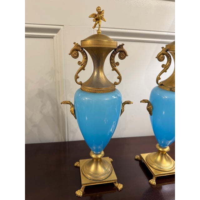 Late 19th Century Antique French Blue Opaline Vase Urn Pair With Ormolu Mounts Cherub Finials Eagle Handles 19th Century For Sale - Image 5 of 15