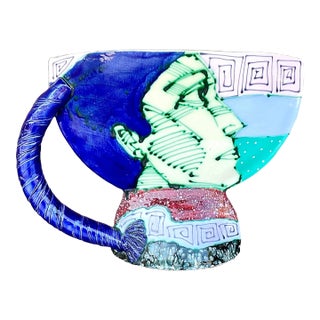 Vintage Boho Signed Hand Painted Glazed Ceramic Vessel For Sale