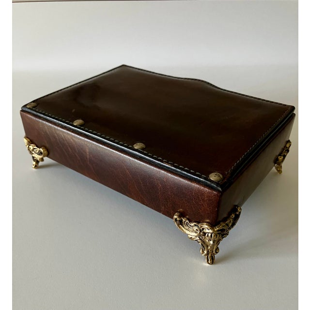 Vintage Italian Florentine Tooled Leather Valet Jewelry Box With Ornate Brass Feet For Sale In Milwaukee - Image 6 of 18