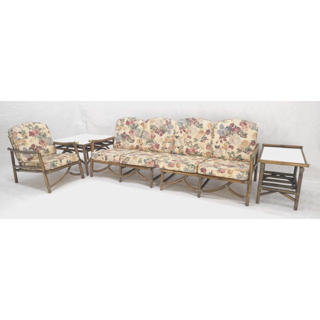 Vogue Rattan Bamboo c1970s Sofa Matching Chair Pair of End Tables 5 Pcs Set Mint For Sale - Image 16 of 18