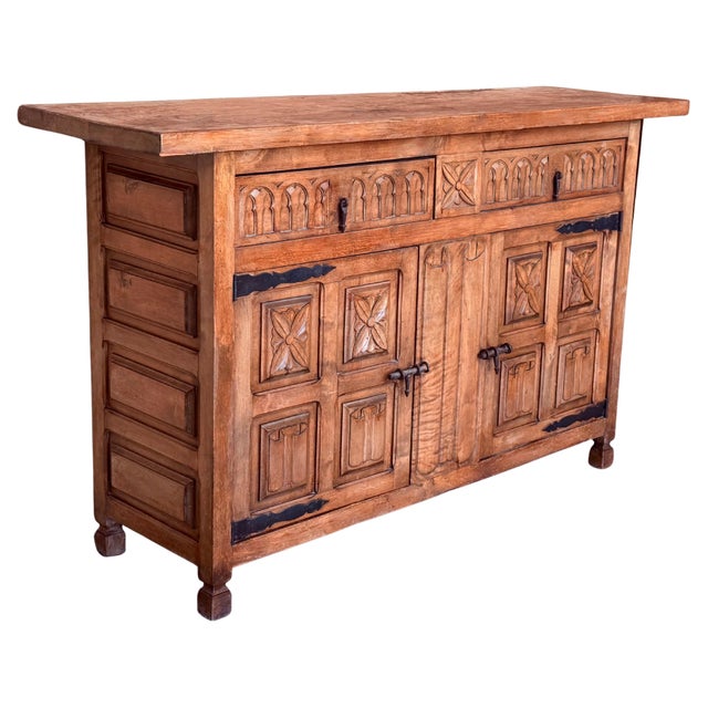 Late 19th Century Spanish Baroque Carved Walnut Tuscan Two Drawers Credenza or Buffet For Sale - Image 15 of 18