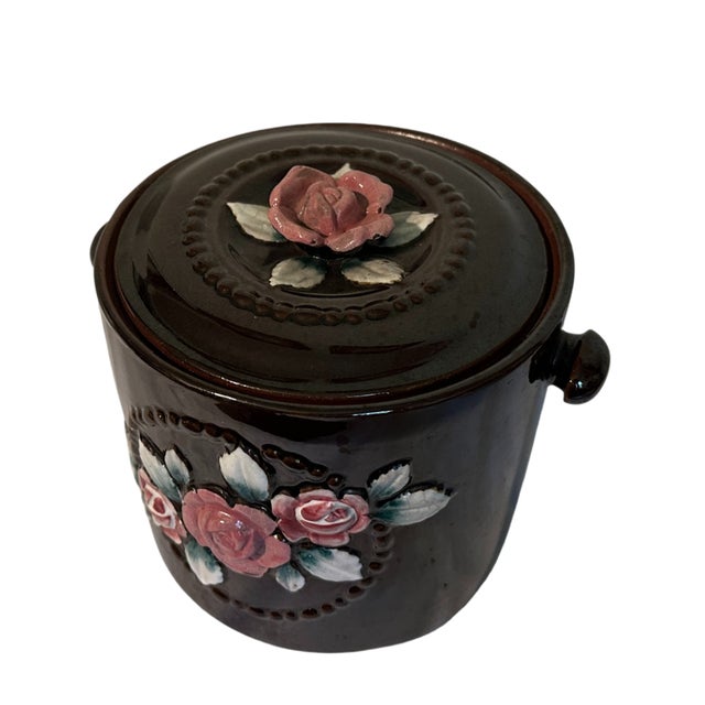 Vintage 1940s Redware Ceramic Roses Cookie Jar Canister - Made In Occupied Japan Beautiful collectible vintage red ware...