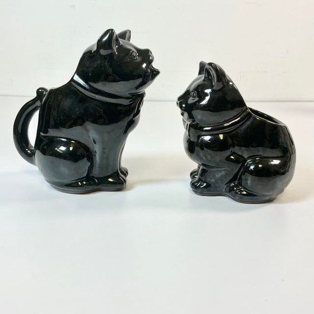 1950s Vintage Americana Boho Chic Majolica Black Cat Cream and Sugar - Set of 2, Halloween. For Sale - Image 6 of 13