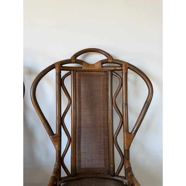 Brown Vintage Bent Rattan & Wicker High Back Chippendale Style Arm Chairs - A Pair For Sale - Image 8 of 18