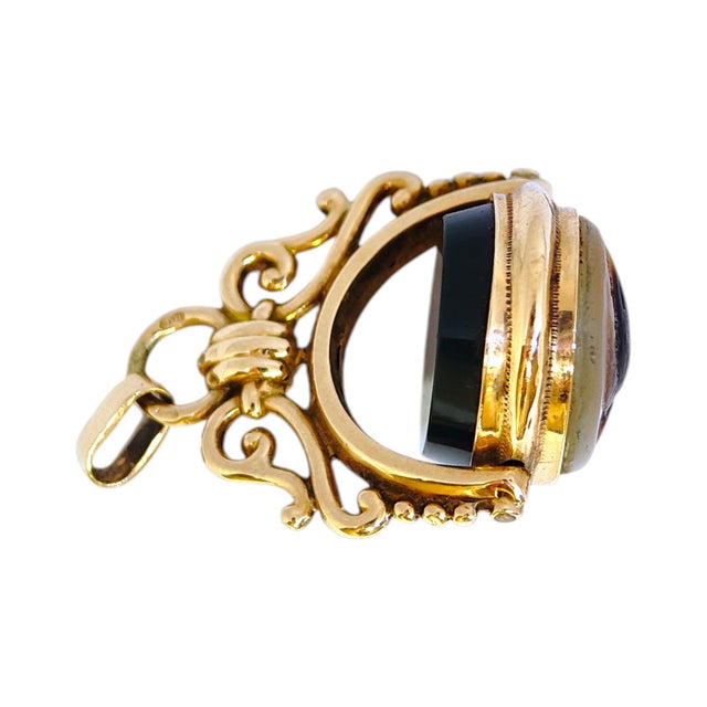 Gold Antique 14k Gold Mother-of-Pearl and Onyx Flip Fob Pendant For Sale - Image 8 of 11