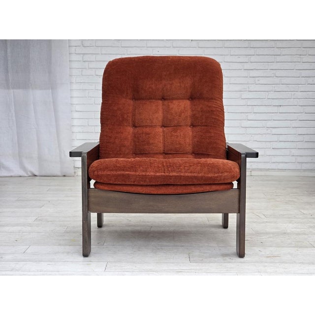 1970s, Danish armchair. Original orange/red furniture velour, dark oak wood. Original very good condition: no smells, no...