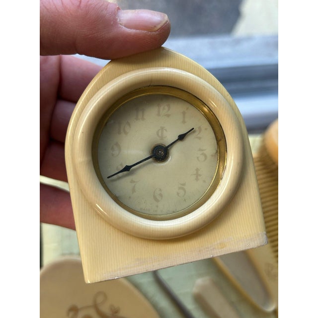 Beige 8 Pc Antique French Ivory Celluloid Dresser Set With Clock and More Art Deco 30s For Sale - Image 8 of 9