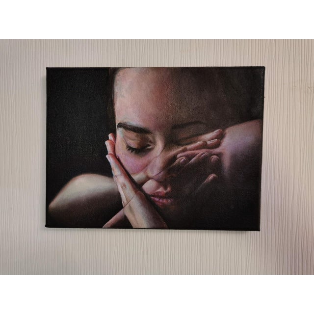 Hope is a Dangerous Thing by Claudia Kaak | Oil Painting of a contemplative young woman with hands on her face For Sale - Image 4 of 4