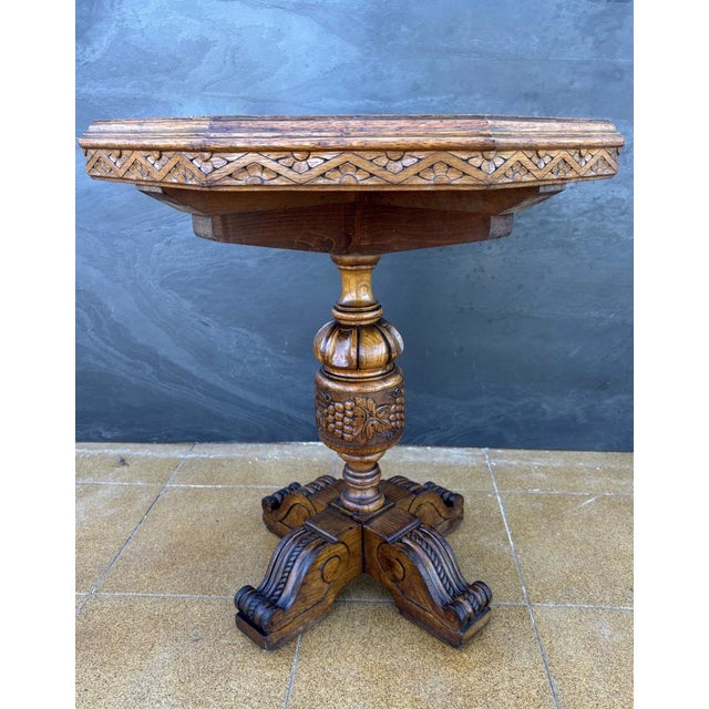 Wood Renaissance Revival Carved Octagonal Pedestal Table, 1910 For Sale - Image 7 of 14