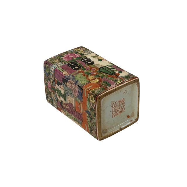 Vintage Chinese Square Floral Bird Figural Graphic Porcelain Holder For Sale - Image 9 of 9