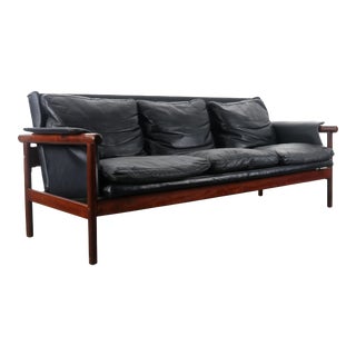 Illum Wikkelsø by Koefoed's Møbelfabrik Teak and Black Leather Sofa For Sale