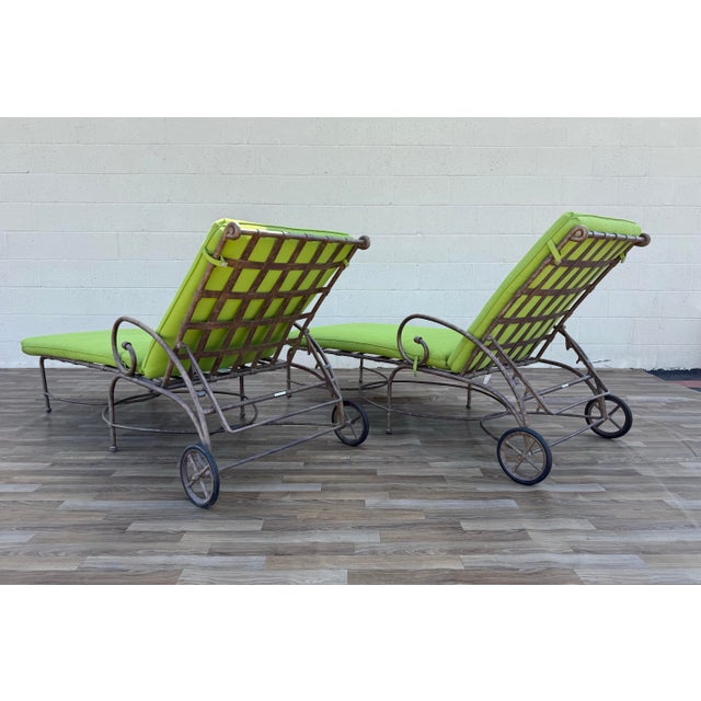 Metal Vintage Pair Brown Jordan Florentine Chaise Lounge Chairs With Original Cushions For Sale - Image 7 of 18