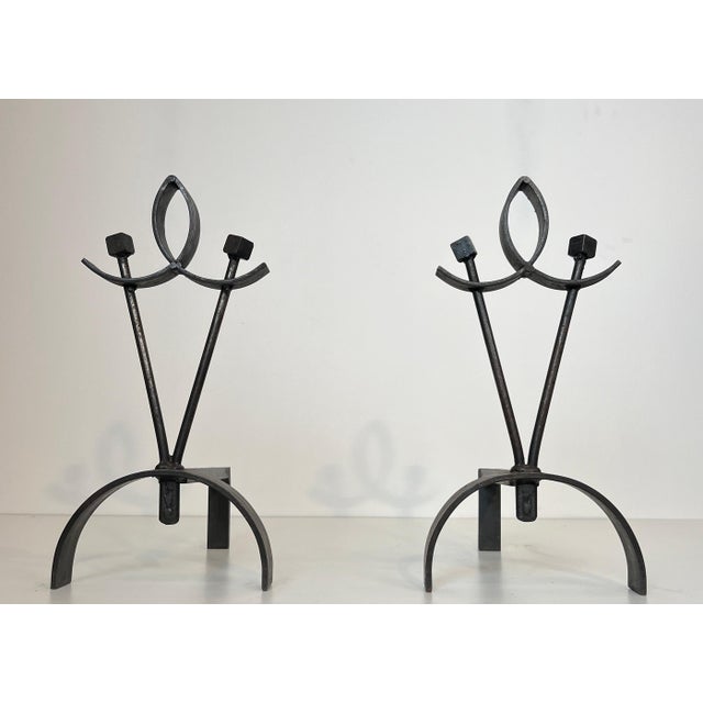 Metal Pair of Modernist Wrought Iron Andirons. French Work. Circa 1940 For Sale - Image 7 of 12