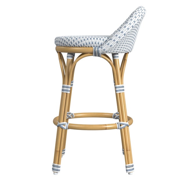2020s Tobias 24.5 in. Seat Height Outdoor Rattan and Metal Low Back Counter Stool, White/Sky Blue Dot / Natural Rattan Frame For Sale - Image 5 of 8
