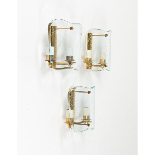 Mid-Century Brass & Curved Glass Sconces in the style of FontanaArte, Italy, 1950s, Set of 3 For Sale - Image 4 of 18