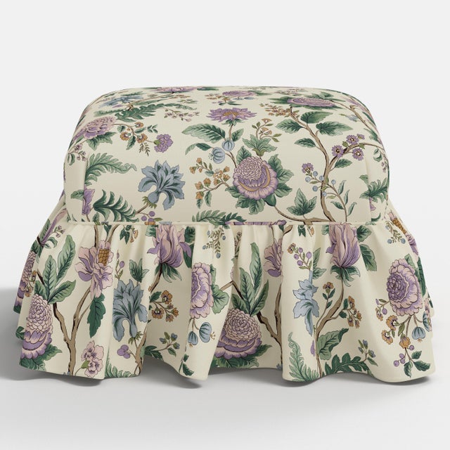 Transitional Edith Ruffle Ottoman in Lilac Tree of Life Floral For Sale - Image 3 of 5