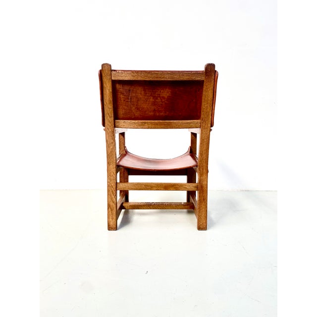 Vintage French Brutalist Castle Armchair in Oak and Cognac Leather, 1920s For Sale - Image 15 of 16