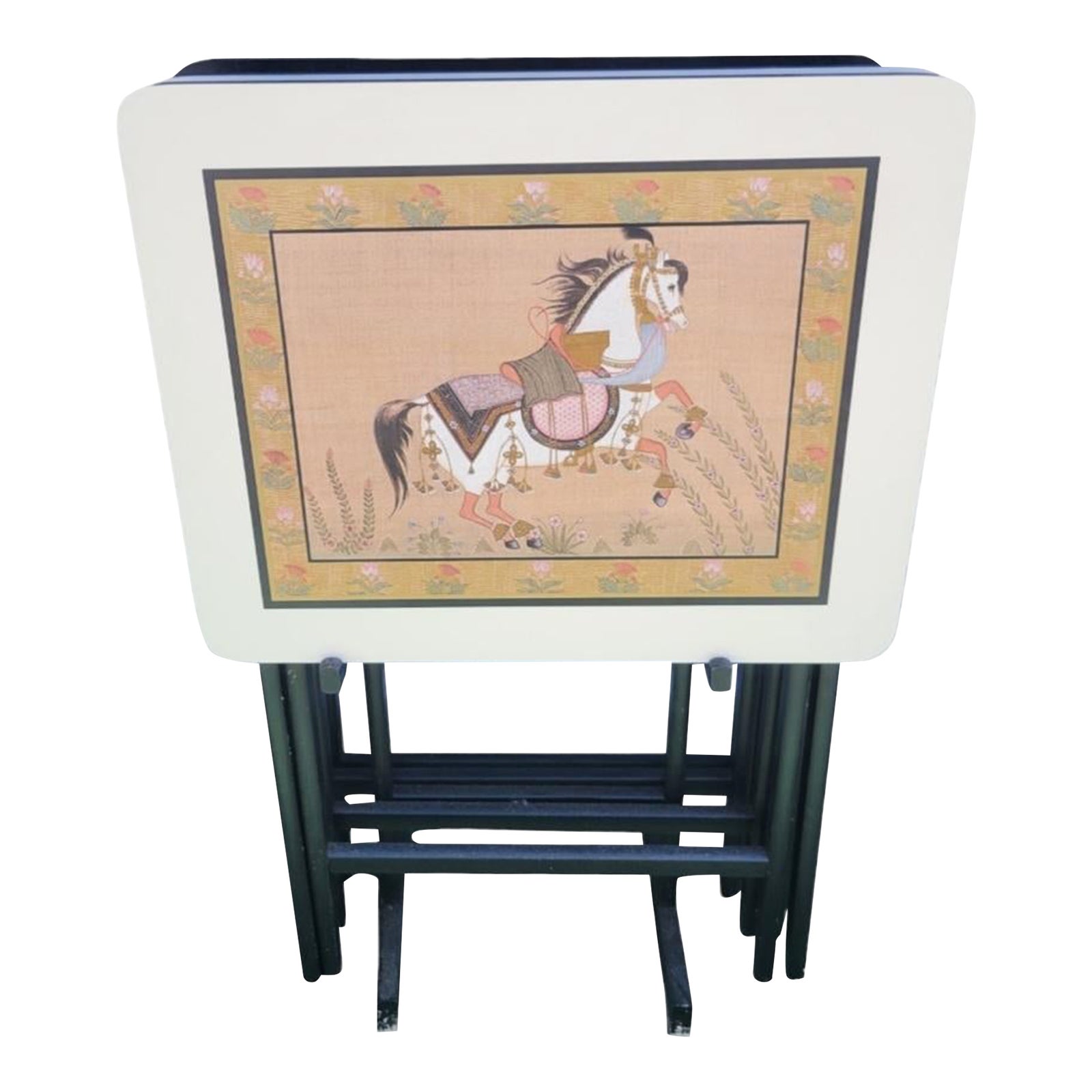 Vintage Set Whimsical Playful Horse Printed Folding Tv Tray Tables by