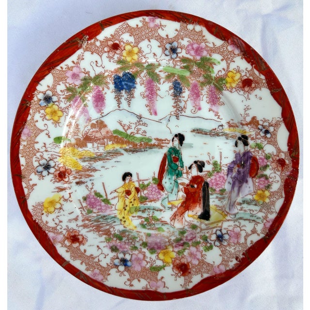 1920’s Antique Japanese Chinoiserie Hand Painted Traditional Geisha Girl & Pagoda Plates & Small Bowls - A 21 Piece Set For Sale - Image 9 of 10