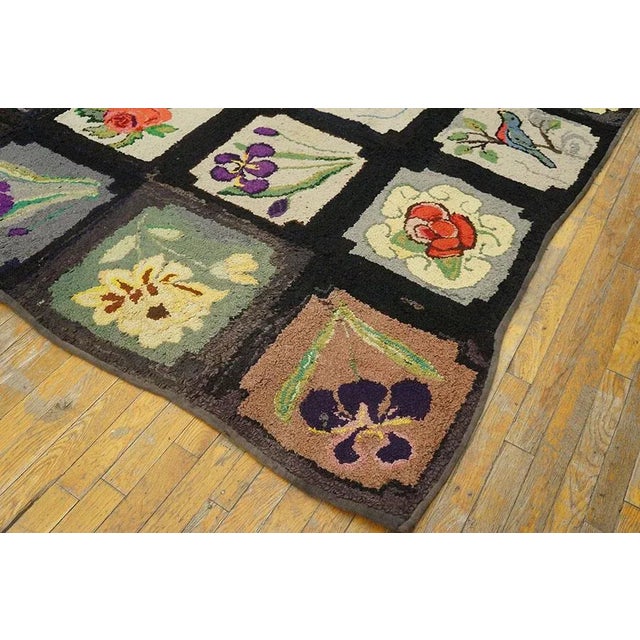 1930s Black Roses Birds Folk Art Antique American Hooked Rug 7' 10'' X 7' 10'' Woven Wool Carpet For Sale - Image 9 of 9