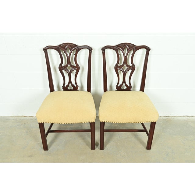 English Baker Furniture Style Georgian Carved Mahogany Side Chairs or Dining Chairs, Pair For Sale - Image 3 of 13