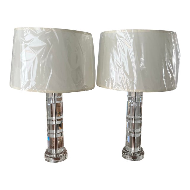 Ralph Lauren Crystal Column Table Lamps and Shades- A Pair For Sale