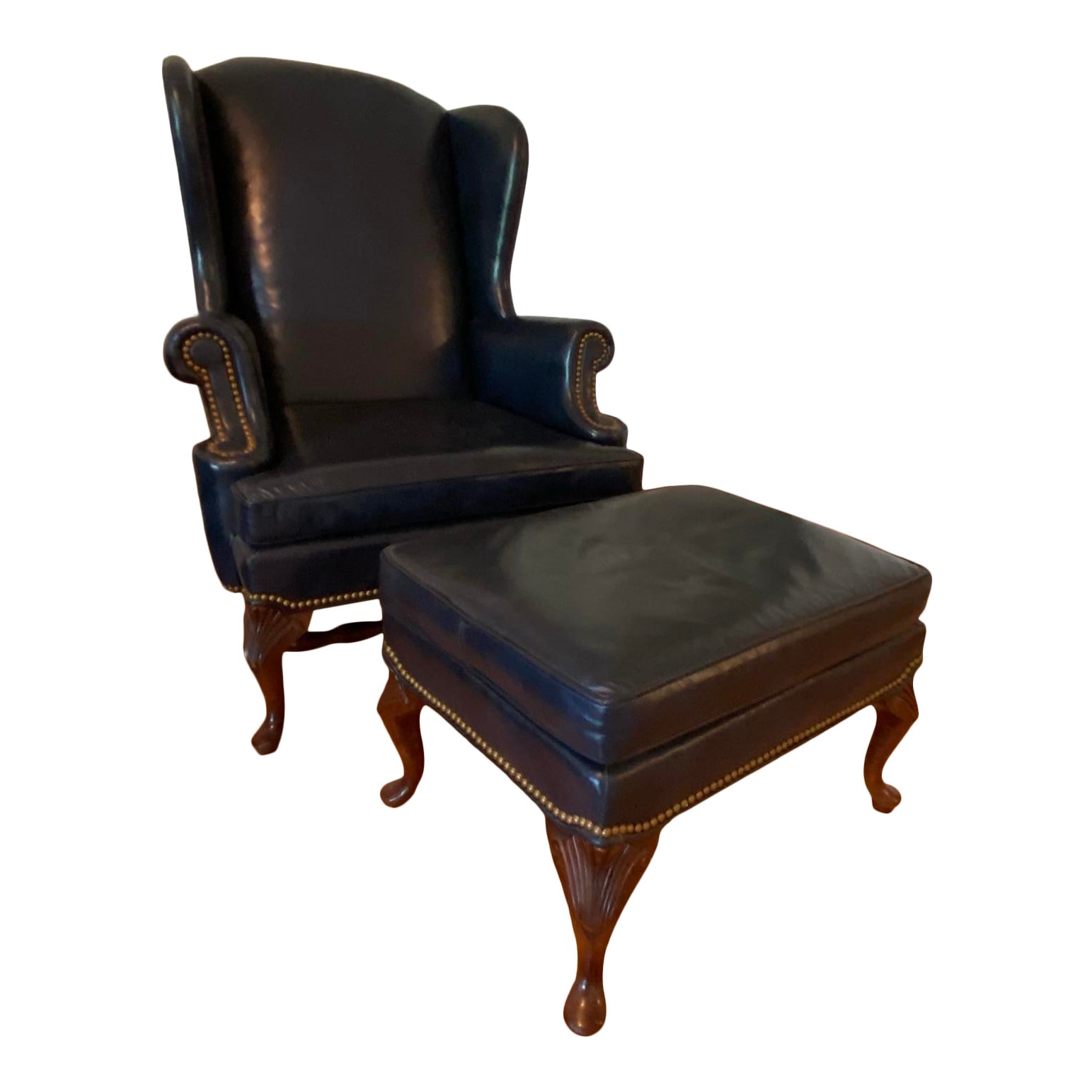 Vintage Leathercraft Wingback Chair and Ottoman in Navy With Nailhead