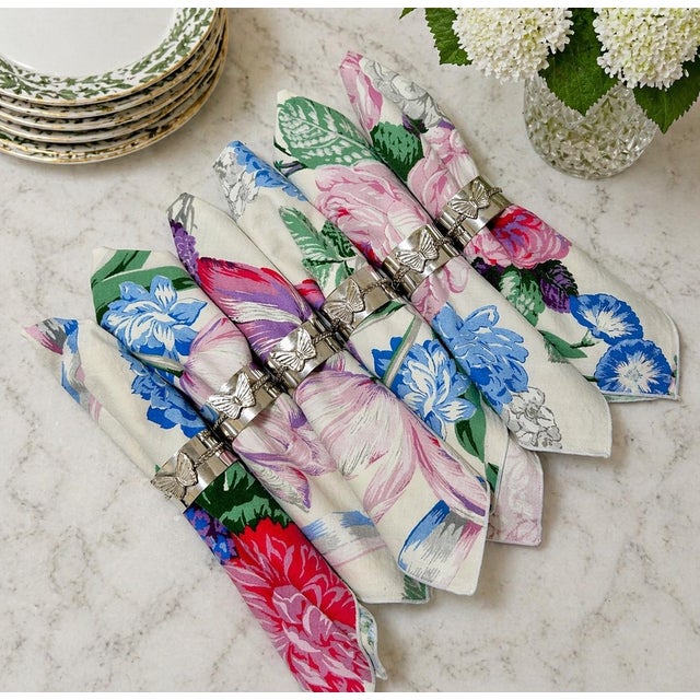 Vintage 1980s cabbage rose floral cotton dinner napkins featuring a romantic oversized botanical print in soft pink, blue,...
