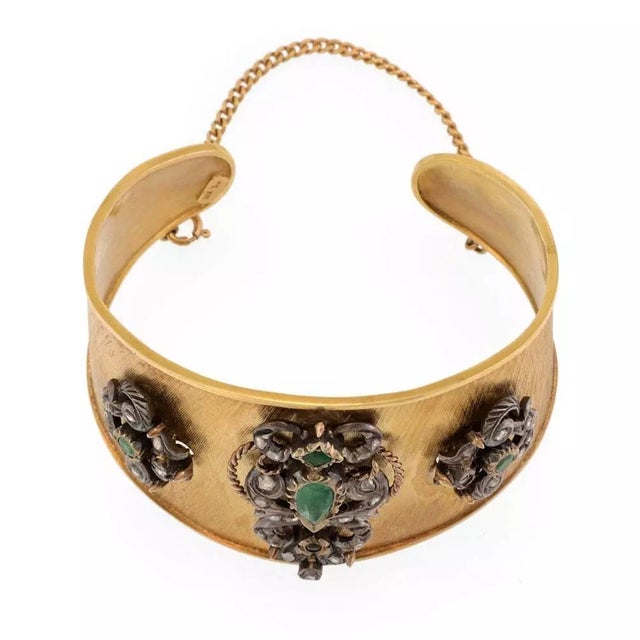 1990s Vintage 1.90ct Rose Cut Diamond Emerald 18k Gold Silver Cuff Bracelet For Sale - Image 5 of 6