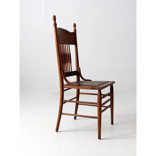 Wood Antique Pressed Back Chair With Leather Seat For Sale - Image 7 of 11