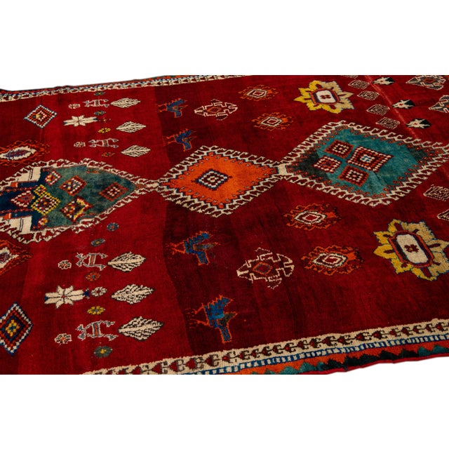 Red Red Vintage Shiraz Handmade Pictorial Designed Wool Rug For Sale - Image 8 of 10