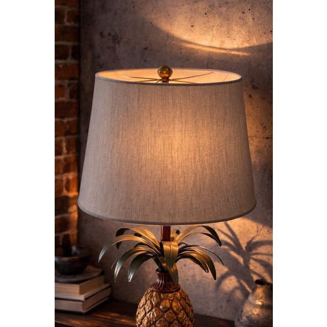 Late 20th Century Solid Metal Pineapple Table Lamp With Scroll Base and Original Gray Shade For Sale - Image 9 of 12