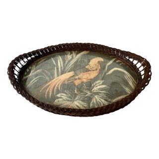 Woven Wicker Victorian Tray with Bird For Sale