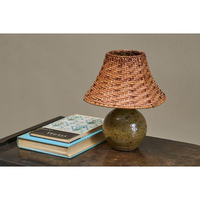 Green French Olive Green Glazed Studio Pottery Table Lamp with Rattan Shade, 1960s For Sale - Image 8 of 12