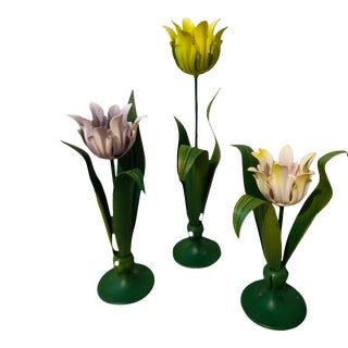 Antique French Tole Painted Candle Holders - Set of 3 For Sale