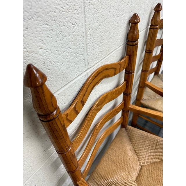 Brown Vintage Country French Style Solid Oak Ladder Back Handwoven Rush Seat Armchairs For Sale - Image 8 of 10