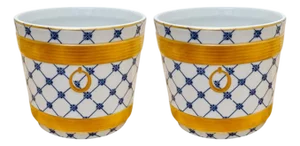 1960s Empire Style Mangani Italy Porcelain Cachepots With Blue Trellis & 24k Gold - A Pair