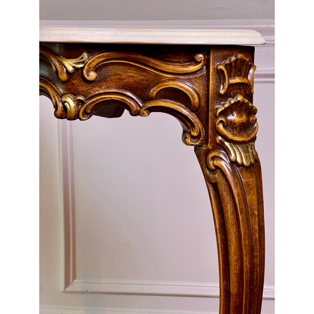 French Louis XV Style Console Table, Carved Walnut With Gilt, Marble Top, C. 1920 For Sale - Image 9 of 17