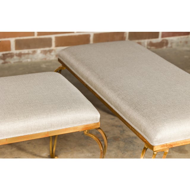 Midcentury French Gilt Metal Benches with Cabriole Legs and Upholstery, a Pair For Sale - Image 11 of 12