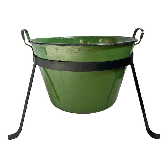 Vintage Hungarian Green Enamel Tub W/Iron Stand For Sale