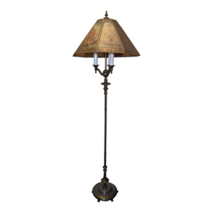 Vintage RMC Chicago Adjustable Brass Floor Lamp Wth Triple Lights & Mica Nonagon Pictorial Shade
