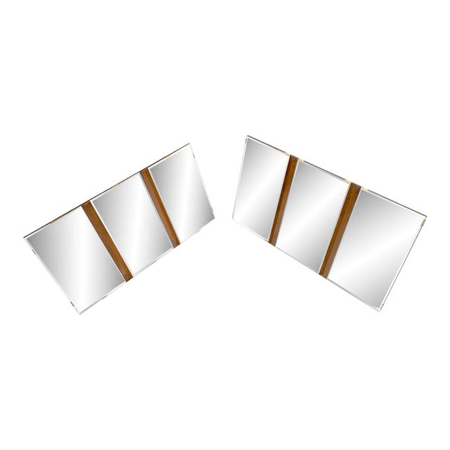 Pair of Mid Century Modern Tripple Beveled Mirrors w/ Walnut Accents For Sale