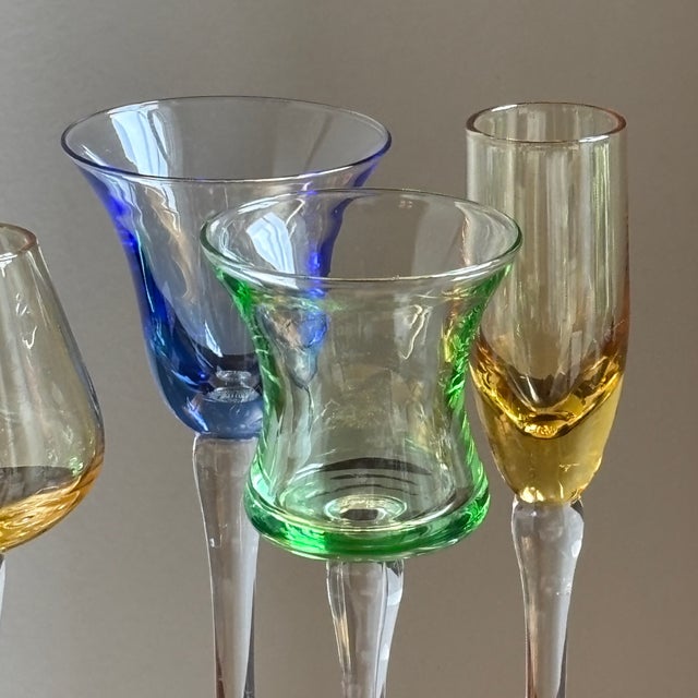 Wood Vintage Hand-Blown Cordial / Liqueur Glasses & Giltwood Tray For Sale - Image 7 of 13