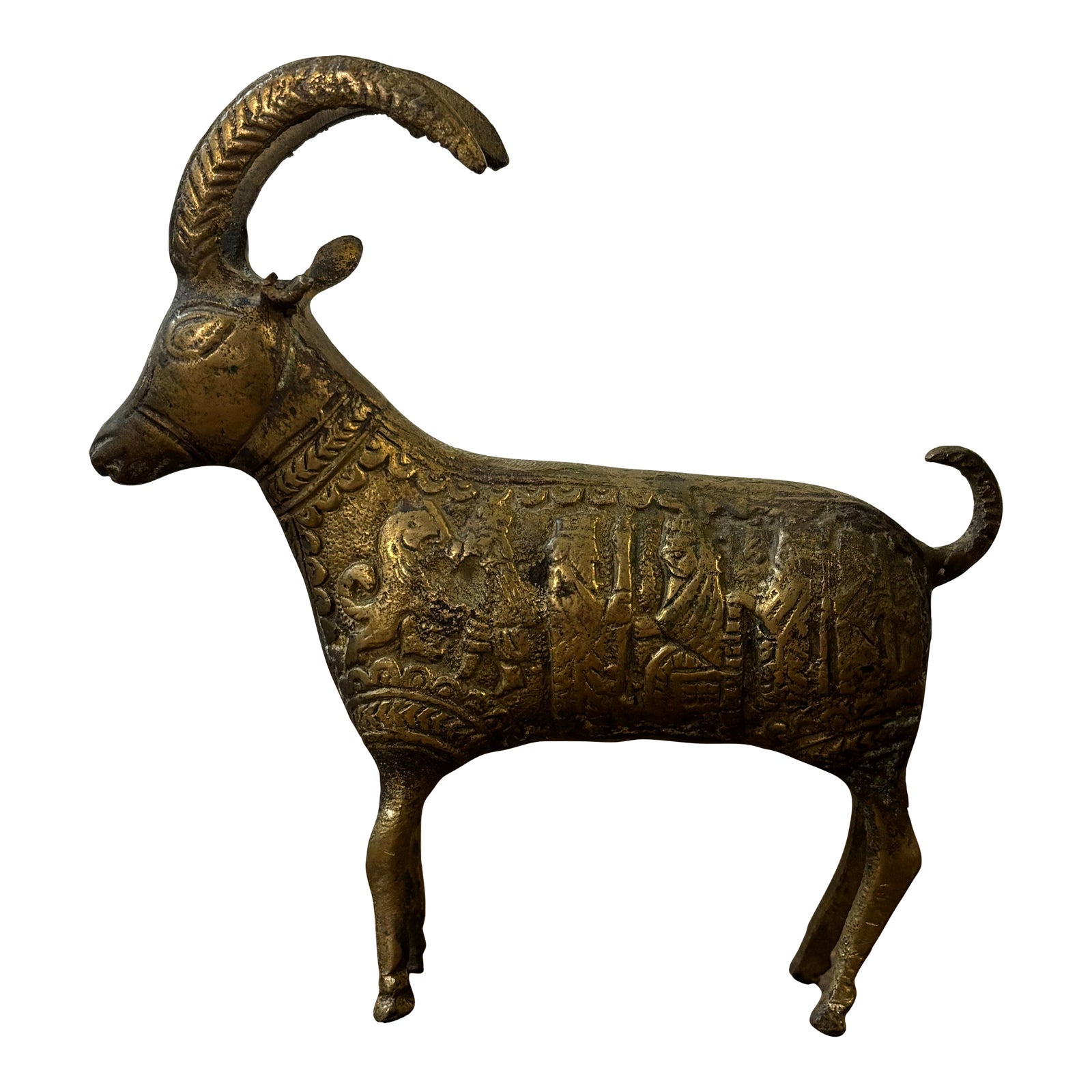Vintage 1960s Brass Ram Sculpture With Etched Figural Motifs | Chairish
