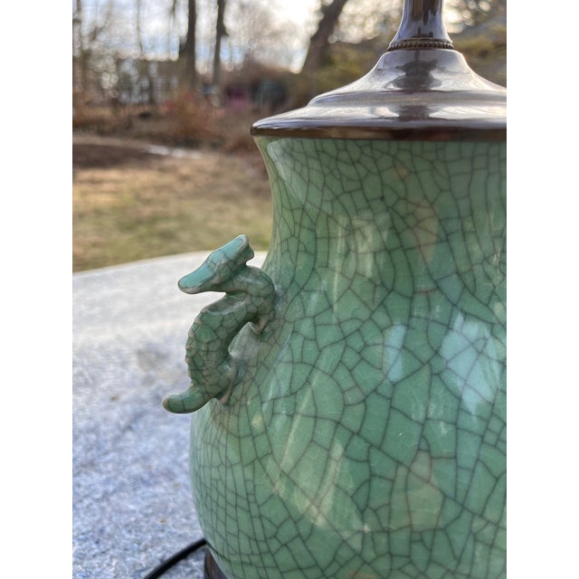 Mid 20th Century Mid 20th Century Celadon Crackle Vase Table Lamp With Dragon Handles For Sale - Image 5 of 9