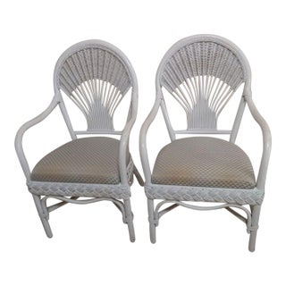 Vintage Fan-Back Wicker Rattan Armchair Hollywood Regency Coastal Set of 2 For Sale