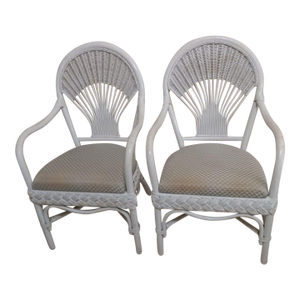 Vintage Fan-Back Wicker Rattan Armchair Hollywood Regency Coastal Set of 2
