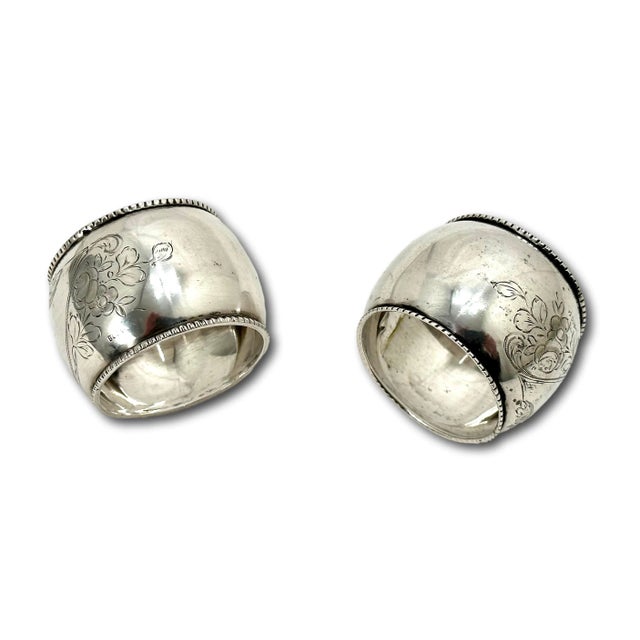 Traditional Antique Germany 800 Grade Continental Coin Silver Napkin Rings With Hand Engraved Flowers - a Pair For Sale - Image 3 of 12