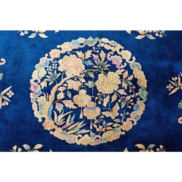 1920s Navy Blue Floral Vase Antique Chinese Art Deco Rug 8' 9'' X 11' 6'' Wool Knotted Carpet For Sale In New York - Image 6 of 12